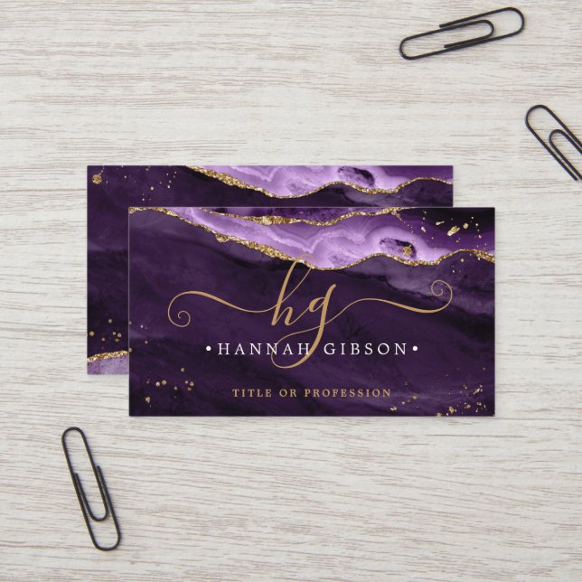  Purple Agate Script Monogram Faux Gold Glitter Business Card (Front/Back In Situ)