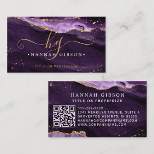 Purple Agate Script Monogram QR Code Glitter Business Card