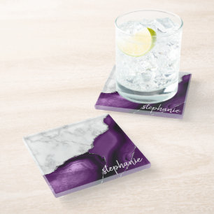 Purple Agate Signature White Marble Silver Glass Coaster