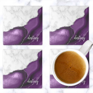 Purple Agate Signature White Marble Silver Stone Coaster