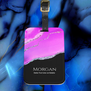 Purple Agate, Silver Glitter, Name & Text on Black Luggage Tag