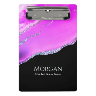 Purple Agate, Silver Glitter, Name & Text on Black Mini Clipboard