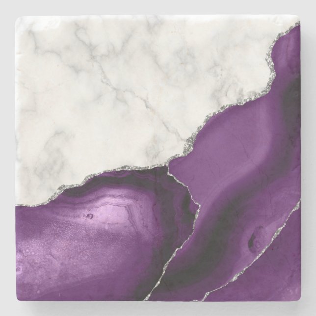 Purple Agate Silver Glitter White Faux Marble Stone Coaster (Front)