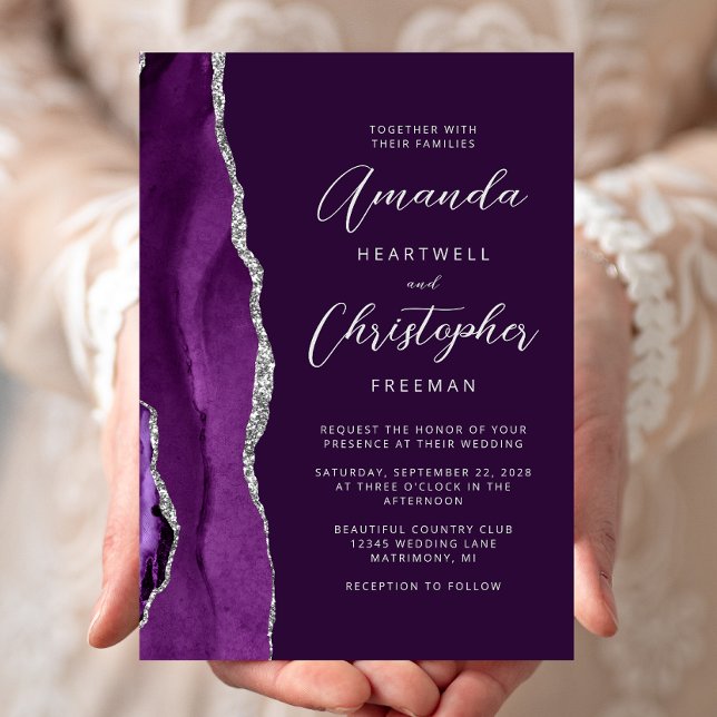 Purple Agate Silver Modern Script Wedding Invitation (Creator Uploaded)