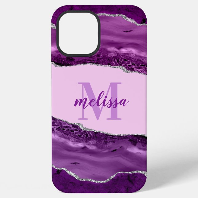 Purple Agate with Silver Glitter Monogrammed  iPhone Case (Back)