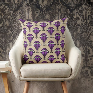 Purple Airships on Tan Steampunk Design Throw Pillow