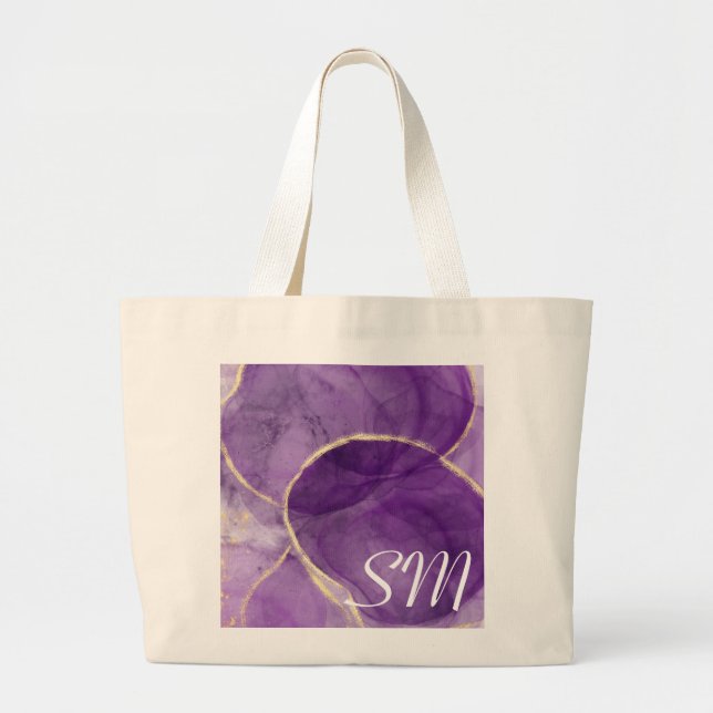 Purple Alcohol Ink Art with Gold Tote Bag (Front)