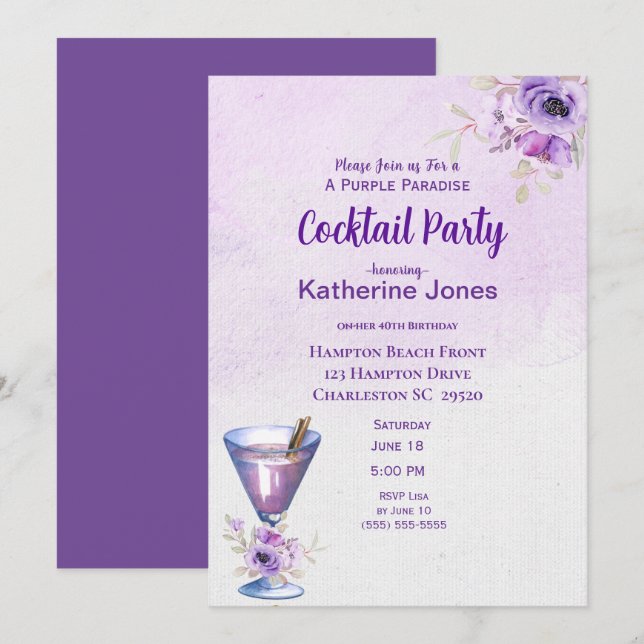 Purple Alexander Birthday Cocktail Party Invitation (Front/Back)