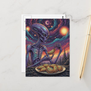 Purple Alien Eating Pierogies Postcard