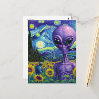 Purple Alien in a Faux Van Gogh Sunflower Field Postcard