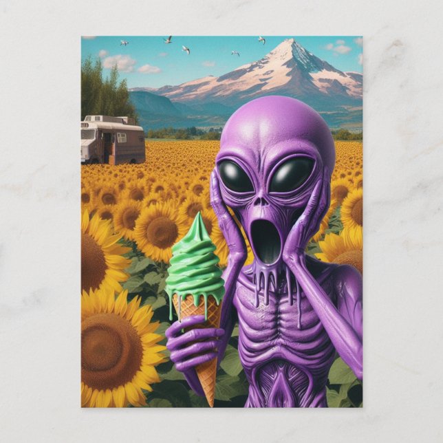 Purple Alien Melting Ice Cream Screaming Postcard (Front)