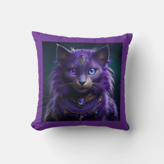 Purple Alien Space Cat Wearing Jeweled Armor Throw Pillow