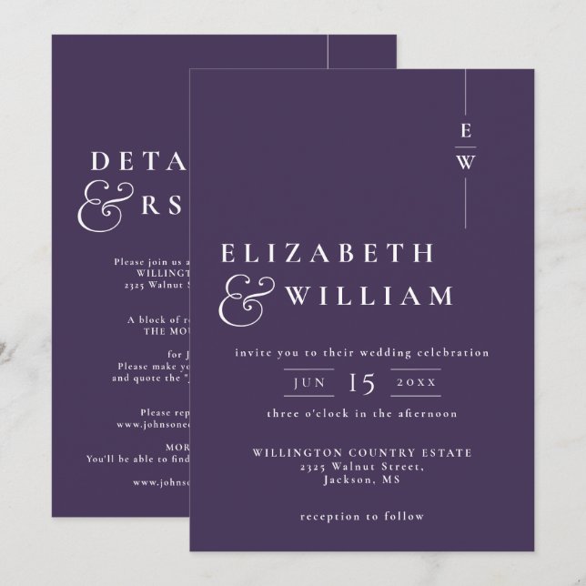 Purple All In One Modern Elegant Monogram Wedding Invitation (Front/Back)