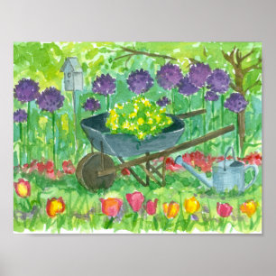 Purple Allium Flowers Wheelbarrow Garden Painting Poster