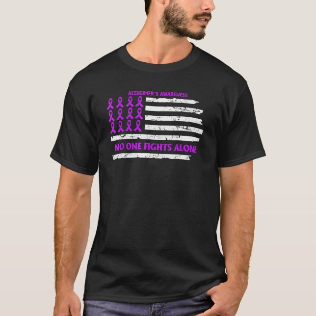purple Alzheimers awareness US flag warrior T-Shirt (Front)