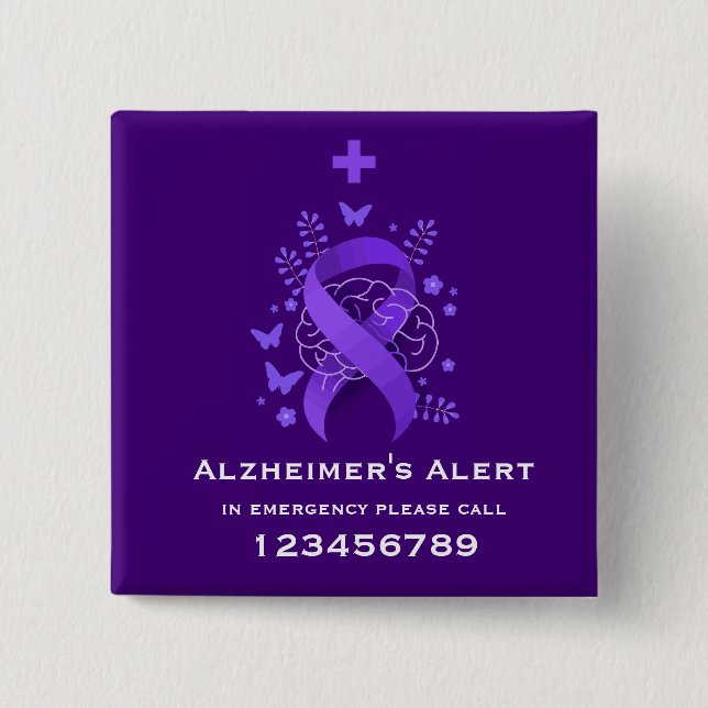 Purple Alzheimer's Disease Alert 2 Inch Square Button (Front)