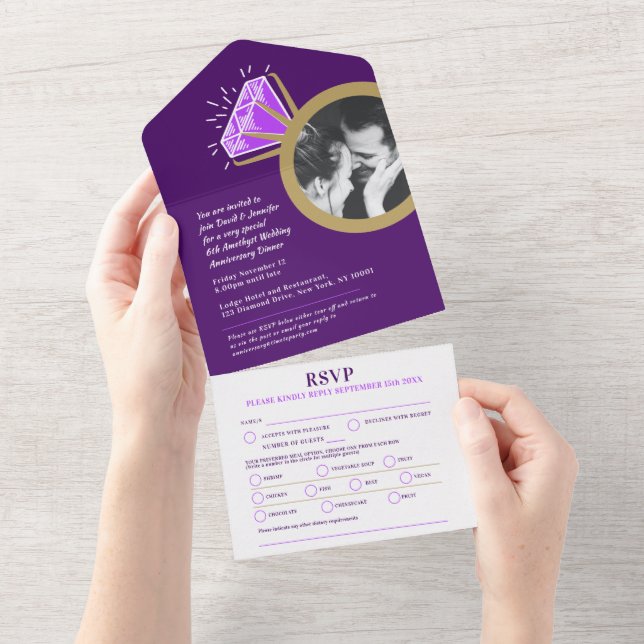 Purple amethyst 6th wedding anniversary gold ring all in one invitation (Tearaway)