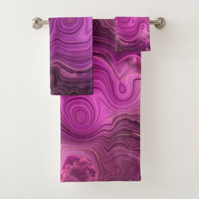Purple Amethyst And Gold Abstract Agate Bath Towel Set (Insitu)