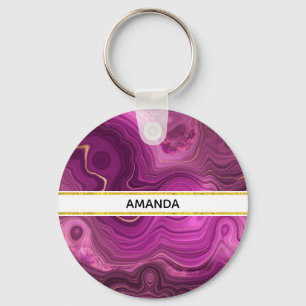 Purple Amethyst And Gold Abstract Agate Keychain
