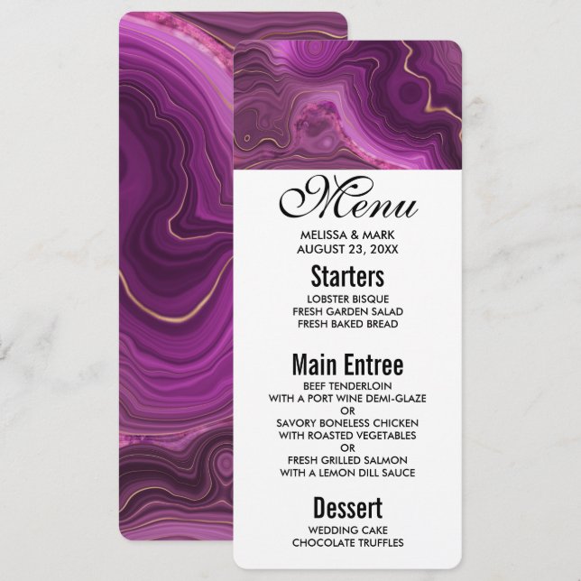 Purple Amethyst And Gold Abstract Agate Menu Invitation (Front/Back)