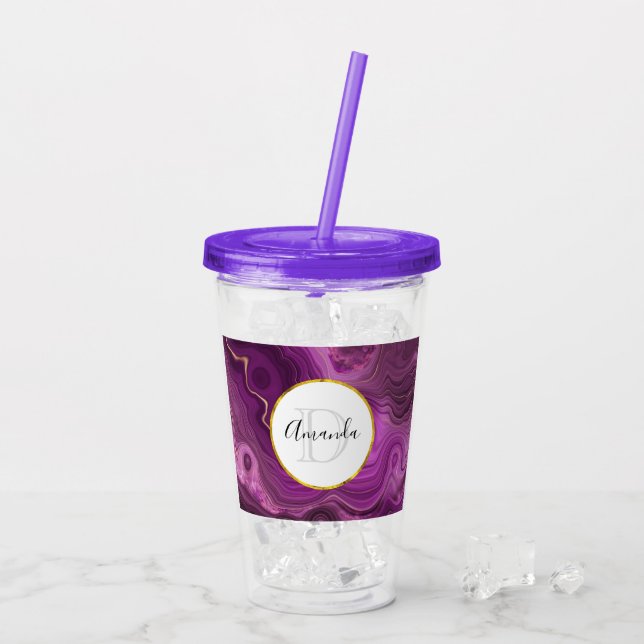 Purple Amethyst And Gold Abstract Agate Monogram Acrylic Tumbler (Back Ice)