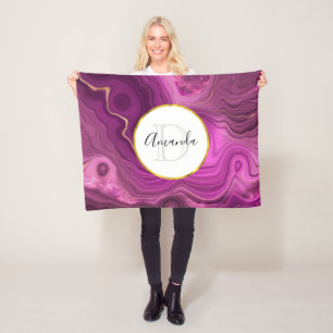Purple Amethyst And Gold Abstract Agate Monogram Fleece Blanket