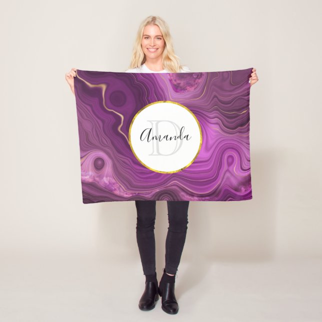 Purple Amethyst And Gold Abstract Agate Monogram Fleece Blanket (In Situ)