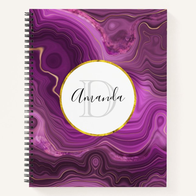 Purple Amethyst And Gold Abstract Agate Monogram Notebook (Front)