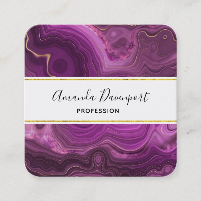 Purple Amethyst And Gold Abstract Agate Square Business Card (Front)