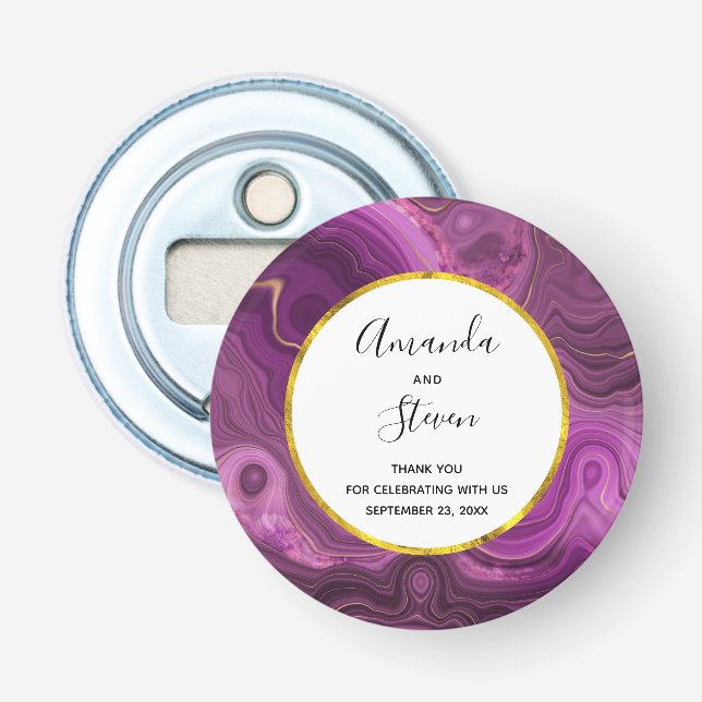 Purple Amethyst And Gold Abstract Agate Wedding Bottle Opener (Front)