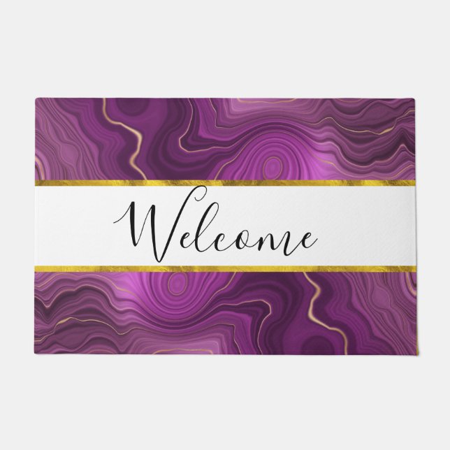 Purple Amethyst And Gold Abstract Agate Welcome Doormat (Front)