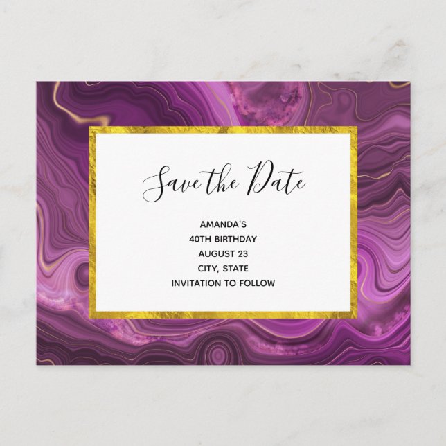 Purple Amethyst And Gold Abstract Save the Date In Invitation Postcard (Front)