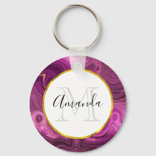 Purple Amethyst And Gold Agate Monogram Keychain