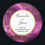 Purple Amethyst And Gold Agate Wedding Thank You Magnet<br><div class="desc">A wedding thank you magnet with an elegant abstract design. Dark purple amethyst colour with ribbons of gold nestled between layered strata. Rich and beautiful design. Layered over top is a white circle frame with a faux gold foil border,  with your personalized text inside.</div>