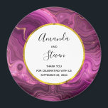 Purple Amethyst And Gold Agate Wedding Thank You Magnet<br><div class="desc">A wedding thank you magnet with an elegant abstract design. Dark purple amethyst colour with ribbons of gold nestled between layered strata. Rich and beautiful design. Layered over top is a white circle frame with a faux gold foil border,  with your personalized text inside.</div>