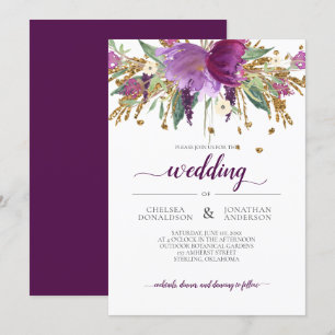 Purple Amethyst and Gold Floral Wedding Invitation