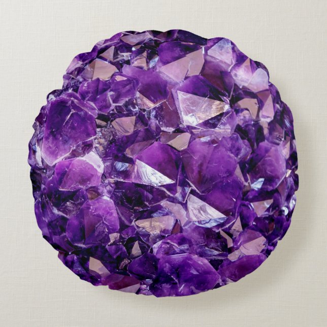 Purple Amethyst Crystal Gem Round Throw Pillow (Front)