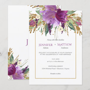 Purple Amethyst Floral Gold Glitter Spring Wedding Invitation