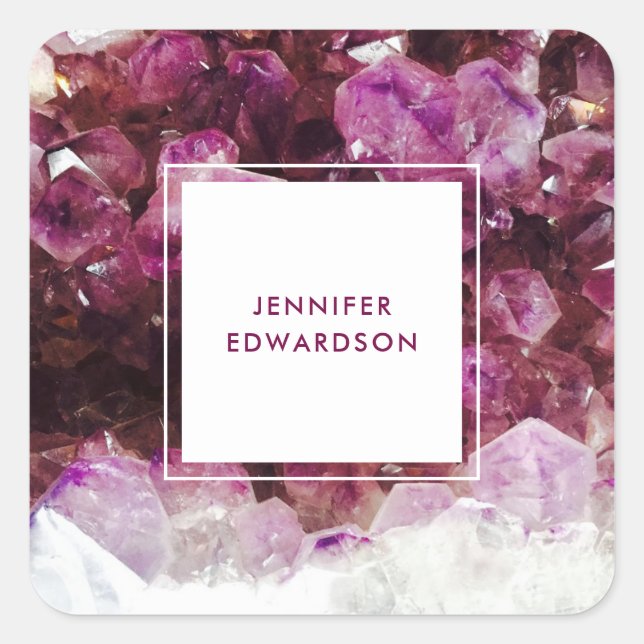 Purple amethyst gemstone crystal professional square sticker (Front)