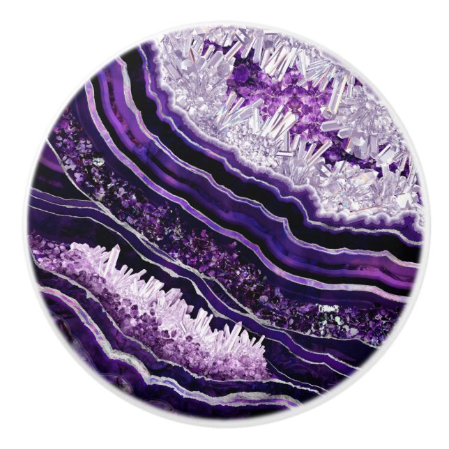 Purple Amethyst Geode and Silver Digital Art Ceramic Knob (Front)