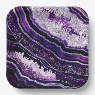 Purple Amethyst Geode and Silver Digital Art Paper Plate