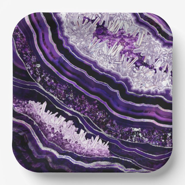 Purple Amethyst Geode and Silver Digital Art Paper Plate (Front)