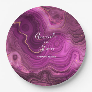 Purple Amethyst & Gold Abstract Agate Wedding Pape Paper Plate