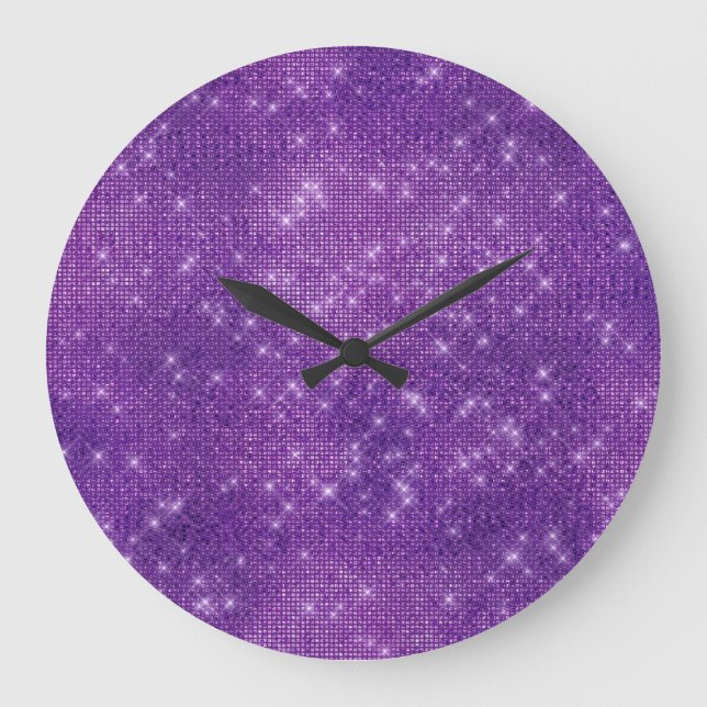 Purple Amethyst Stars Sequin  Diamond Sparkly Large Clock (Front)