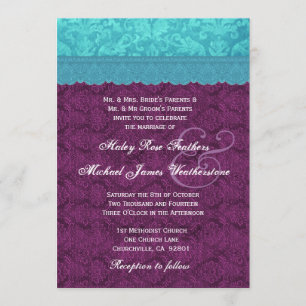Purple and Aqua Blue Damask Wedding G500C Invitation
