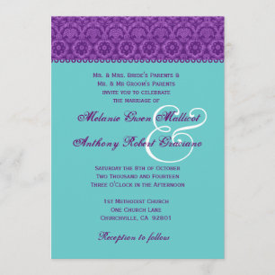 Purple and Aqua Vintage  Damask Wedding Monogram Invitation