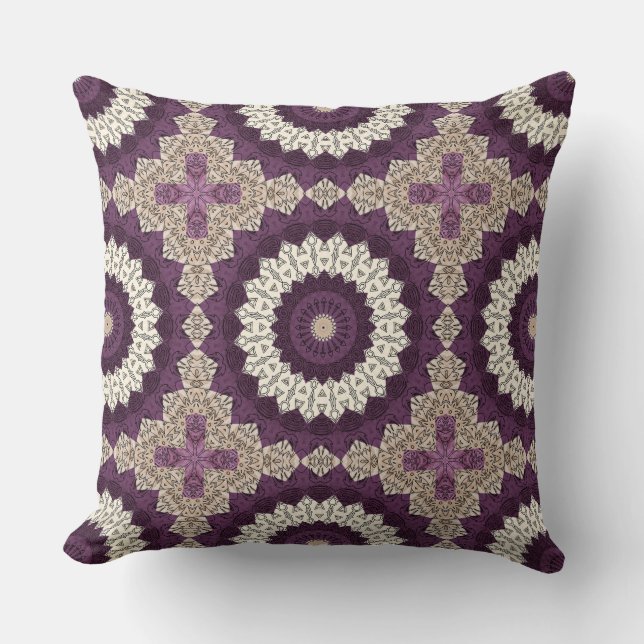 Purple and Beige Mandala Bold Geometric Patterns Throw Pillow (Front)