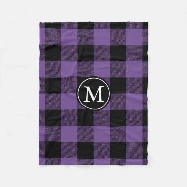 Purple and Black Buffalo Check Monogram Fleece Blanket (Front)