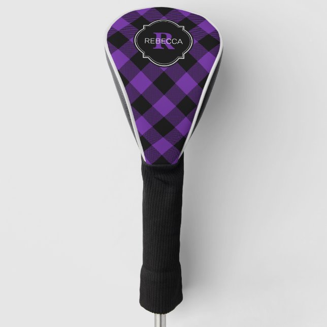 Purple and Black Buffalo Plaid Name Monogram Golf Head Cover (Front)