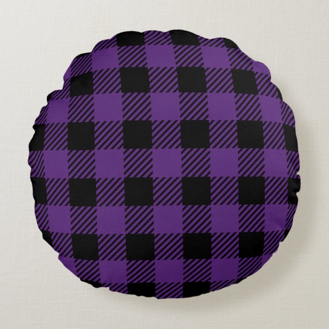Purple and black Buffalo Plaid pattern Round Pillow (Front)